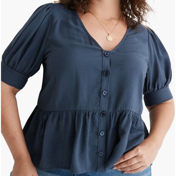 Madewell Women's Size 4X Navy Blue Drapeweave Puff Sleeve Peplum Top - Picture 2 of 13